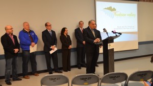 From left to right: Town of Lloyd Deputy Supervisor and Councilman Jeffrey Paladino; Town of Lloyd Supervisor Paul Hansut; Hudson Valley Economic Development Corp. President and CEO Laurence P. Gottlieb; Suzanne Holt, director of the Office of Business Services at Ulster County, Ulster County Executive's Office; Kenneth Stenger of  Stenger, Roberts, Davis & Diamond of Wappingers Falls; Steve Tinkelman of Tinkelman Architecture, PLLC, of Poughkeepsie (partially obscured); and, speaking, Andrew Maxon, project manager.