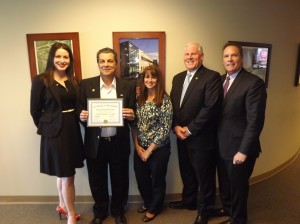 (From Left to Right): Laurie Villasuso, associate executive director of the Orange County Industrial Development Agency; James R. Petro, Jr., executive director of the Orange County Industrial Development Agency; Kelly Reilly, client services specialist of the OCBA; Robert Armistead, chairman of the Orange County Industrial Development Agency Board of Directors; and Brian Gates, vice president of the Hudson Valley Economic Development Corp. with the OCBA’s New York State Business Incubator certificate.