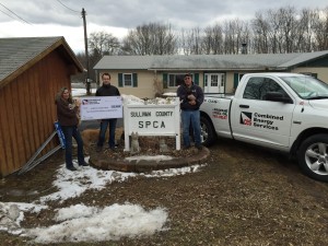 From L to R: Sullivan County SPCA manager, Debbie Dittert and CES’  John Illanovsky and Ira ‘Moose’ Liff, pose for a photo in front of the Rock Hill-based Sullivan County SPCA.